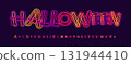 Spooky neon font features bold colorful letters with glowing retro style, combining horror, fun Halloween vibes into funky typeface for headlines, posters, invitations. Vector typeface 131944410