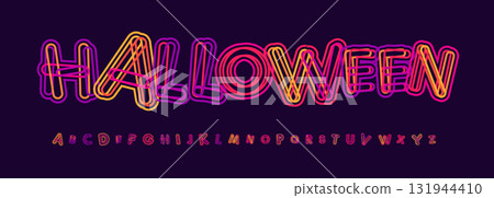 Spooky neon font features bold colorful letters with glowing retro style, combining horror, fun Halloween vibes into funky typeface for headlines, posters, invitations. Vector typeface Spooky neon font features bold colorful letters with glowing retro style, combining horror, fun Halloween vibes into funky typeface for headlines, posters, invitations. Vector typeface 131944410