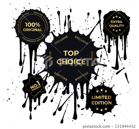 Black ink splashes frame gold badges, highlight top choice, limited edition, extra quality, original. Promo labels, sale stickers, ecommerce, packaging, social ads. Grunge style. Vector illustration 131944432