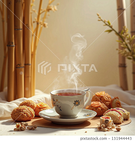 Tea and cookies a serene moment. A steaming cup of tea in a floral-decorated teacup rests on a saucer, surrounded by assorted cookies. Tea and cookies a serene moment. A steaming cup of tea in a floral-decorated teacup rests on a saucer, surrounded by assorted cookies. 131944443