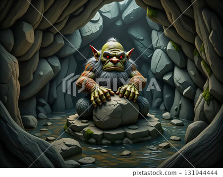 Cave dwelling goblin. A goblin-like creature with exaggerated features, including large ears and a bulbous nose, sits on a rock in a dim cave. Cave dwelling goblin. A goblin-like creature with exaggerated features, including large ears and a bulbous nose, sits on a rock in a dim cave. 131944444
