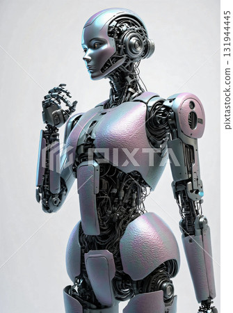 Futuristic female robot featuring a metallic aesthetic with smooth, silver and purple-toned exoskeleton panels. Futuristic female robot featuring a metallic aesthetic with smooth, silver and purple-toned exoskeleton panels. 131944445