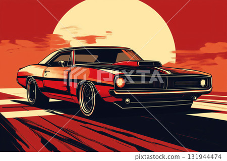 Red and black muscle car races at sunset, embodying freedom and adventure, exuding coolness and nostalgia. Perfect for a road trip 131944474