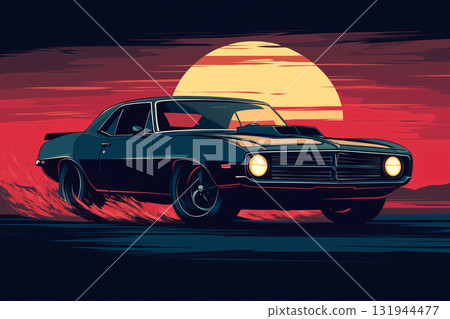 Powerful American muscle car speeding through the desert as the sun sets in the background 131944477