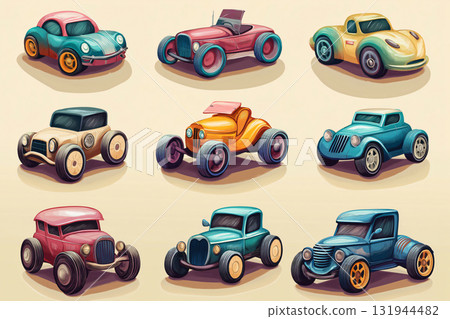 Nine colorful cartoon style retro car icons are shown, offering a variety of vehicle models Nine colorful cartoon style retro car icons are shown, offering a variety of vehicle models 131944482