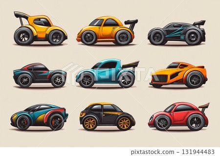 Set of cartoon racing cars with exaggerated features is showing powerful spoilers, huge wheels and low landing 131944483