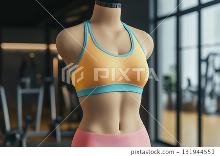 Sports bra on a mannequin in a gym setting, perfect for showcasing your activewear designs 131944551