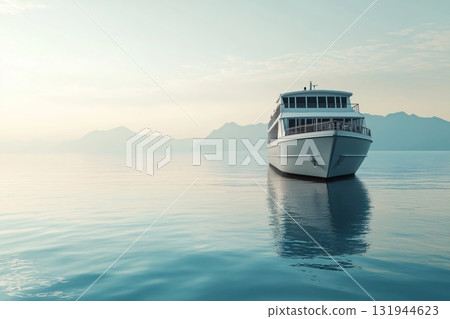 Ferry boat navigating calm waters with mountain range in the background during a misty sunrise, creating a serene and peaceful atmosphere 131944623