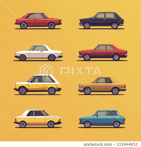 Collection of colorful cars is being presented, showcasing various designs and colors, all viewed from the side 131944652