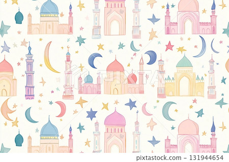 mosque wallpaper with repeating patterns of mosques and stars, creating a whimsical and festive design for Islamic holidays 131944654
