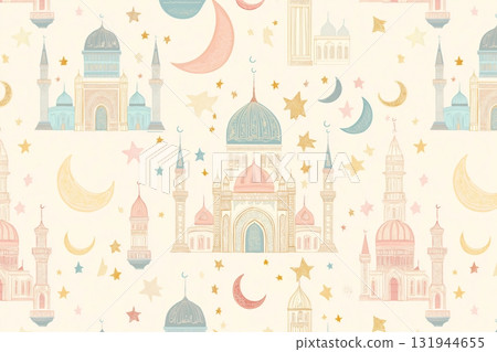 Seamless pattern featuring colorful mosques and crescent moons on a light yellow background 131944655