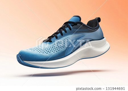 Vibrant blue running shoe with orange details floats effortlessly against a gradient background Vibrant blue running shoe with orange details floats effortlessly against a gradient background 131944691