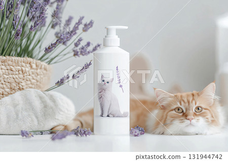 White customizable cat shampoo bottle mockup displayed on a table with lavender and a ginger cat lying down White customizable cat shampoo bottle mockup displayed on a table with lavender and a ginger cat lying down 131944742