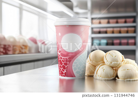 Pink customizable ice cream cup packaging mockup placed in an ice cream shop with ice cream scoops Pink customizable ice cream cup packaging mockup placed in an ice cream shop with ice cream scoops 131944746