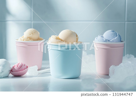 Colorful ice cream scoops sitting in pastel tubs, creating a refreshing summer dessert scene 131944747