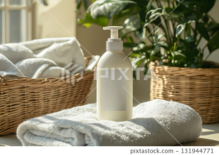 White plastic bottle with pump standing on white towels with laundry basket and green plant in background White plastic bottle with pump standing on white towels with laundry basket and green plant in background 131944771