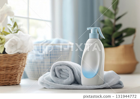 White plastic bottle with dispenser for household chemicals standing on washing machine near towels and wicker basket with clean linen against blurred window background 131944772