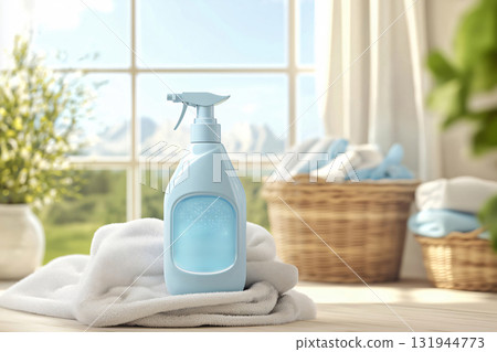 Blue fabric softener spray bottle mockup standing on a pile of towels on a white table, laundry basket in the background 131944773