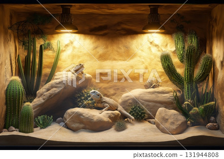 Two lizards relaxing in a desert terrarium, illuminated by heat lamps, surrounded by sand, rocks, and cacti, creating a comfortable and natural habitat 131944808