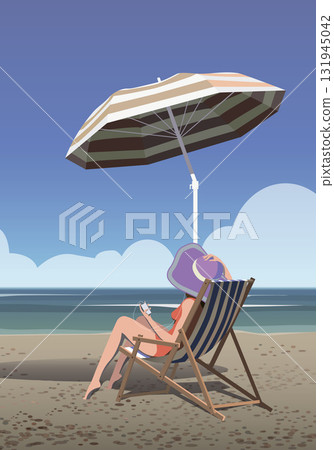 Girl in a deck chair under an umbrella at the sea. Vector. 131945042
