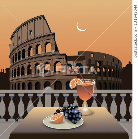 Dinner in Rome, table with the Colosseum in the background. Vector. Dinner in Rome, table with the Colosseum in the background. Vector. 131945044