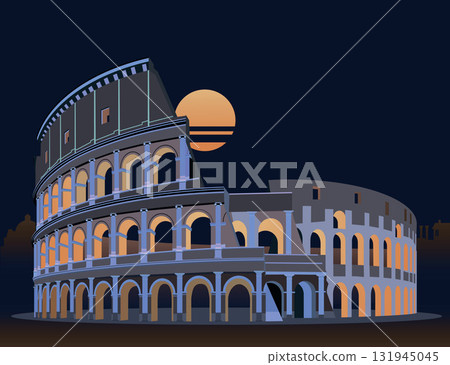 Italy, Colosseum at night with moonlight. Vector. Italy, Colosseum at night with moonlight. Vector. 131945045