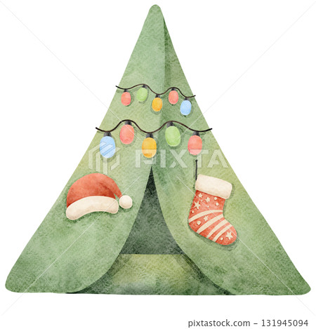 Watercolor Christmas Tree Tent Illustration Watercolor Christmas Tree Tent Illustration 131945094