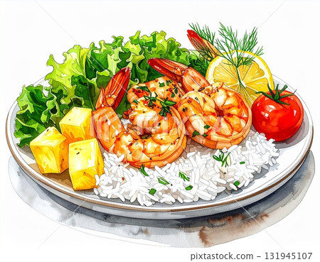 盤子裡的蒜蓉蝦水彩插圖 131945107