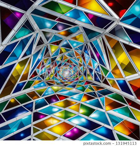 Abstract pattern of geometric shapes in a mosaic arrangement. A geometric mosaic design decorated with a kaleidoscope of multi-colored stained glass panels. Abstract pattern of geometric shapes in a mosaic arrangement. A geometric mosaic design decorated with a kaleidoscope of multi-colored stained glass panels. 131945113