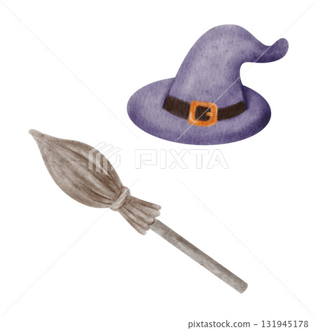 Watercolor witch hat and broom. Hand painted Halloween design element for spooky card, invitation, or magical illustration. Watercolor witch hat and broom. Hand painted Halloween design element for spooky card, invitation, or magical illustration. 131945178