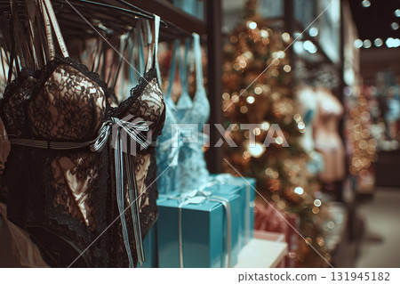Sexy lace lingerie hangs on a hanger against a blurred background of a boutique. Gift concept. Women's lingerie. Sexy lace lingerie hangs on a hanger against a blurred background of a boutique. Gift concept. Women's lingerie. 131945182