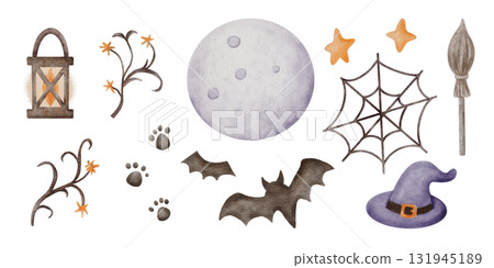 Hand painted watercolor Halloween set with moon, bat, witch hat, broom, web, and lantern. Perfect for card, invitation, or spooky decor. Hand painted watercolor Halloween set with moon, bat, witch hat, broom, web, and lantern. Perfect for card, invitation, or spooky decor. 131945189