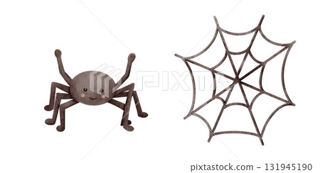 Cute watercolor spider and web. Hand drawn Halloween design element perfect for kids card, party decor, or spooky illustration. Cute watercolor spider and web. Hand drawn Halloween design element perfect for kids card, party decor, or spooky illustration. 131945190