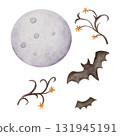 Watercolor full moon, bats, and branches. Hand painted Halloween design element perfect for spooky card, invitation, or night illustration. 131945191