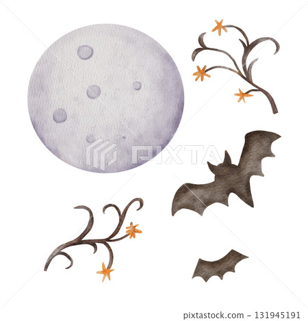 Watercolor full moon, bats, and branches. Hand painted Halloween design element perfect for spooky card, invitation, or night illustration. 131945191