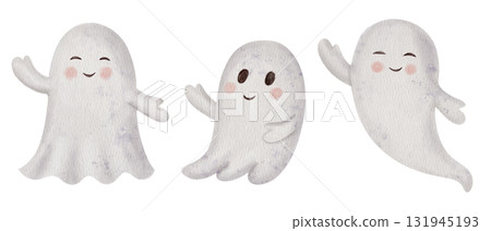 Halloween set of Cute ghosts in different poses. Hand drawn Watercolor Children's scary characters isolated on a background. For kids Halloween party invitations, spooky decorations, posters and cards Halloween set of Cute ghosts in different poses. Hand drawn Watercolor Children's scary characters isolated on a background. For kids Halloween party invitations, spooky decorations, posters and cards 131945193
