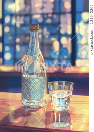 Light and transparent sake bottle and glass - Beautiful reflection image on the table 8 131945202