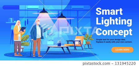 Smart lighting concept modern living room technology people controlling wireless lamps tablet device blue background furniture plants web banner Smart lighting concept modern living room technology people controlling wireless lamps tablet device blue background furniture plants web banner 131945220