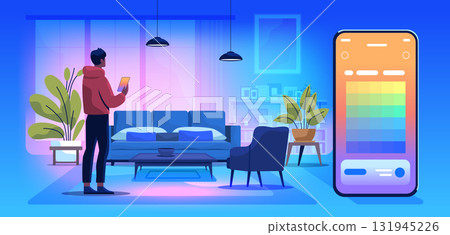 Smart home automation living room control app man using tablet modern interior plants sofa large smartphone interface blue gradient Smart home automation living room control app man using tablet modern interior plants sofa large smartphone interface blue gradient 131945226