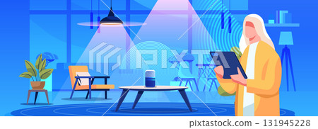 Smart home control woman using tablet modern living room interior wireless speaker technology blue background stylish furniture Smart home control woman using tablet modern living room interior wireless speaker technology blue background stylish furniture 131945228