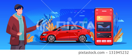 Car smart technology mobile app control concept man holding smartphone red sedan digital dashboard interface modern blue background Car smart technology mobile app control concept man holding smartphone red sedan digital dashboard interface modern blue background 131945232