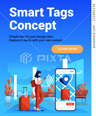 Smart tags concept luggage tracking airport woman using smartphone digital location map mobile app suitcase wireless signal modern blue background 131945234