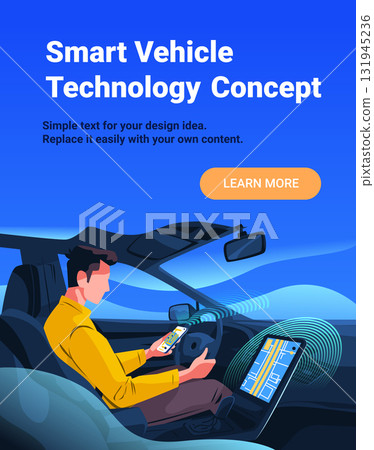 Smart vehicle technology concept man using smartphone modern car dashboard navigation digital interface blue background landing page 131945236