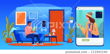 Smart home security video doorbell system man using digital tablet to view visitor modern living room technology interior blue background website banner 131945240