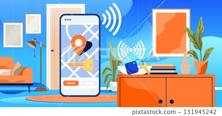 Smartphone key finder app smart home concept modern living room digital map location pin wireless signal sofa cabinet plants books Smartphone key finder app smart home concept modern living room digital map location pin wireless signal sofa cabinet plants books 131945242