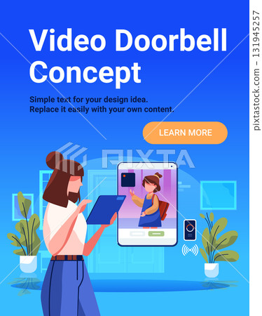 Video doorbell concept smart home technology woman using tablet to view visitor on screen modern interior plants blue background template 131945257