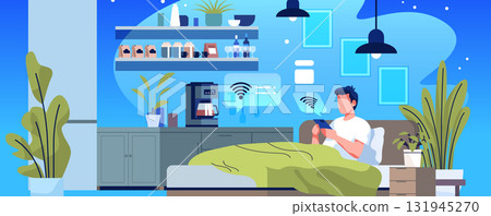 Smart home technology morning routine man using tablet modern bedroom coffee machine plants cozy interior blue background website banner 131945270