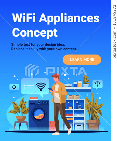 WiFi appliances smart home laundry room man controls washing machine via smartphone modern interior plants shelves detergent blue background website banner 131945272