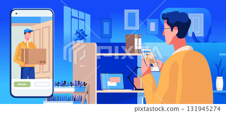 Online delivery tracking concept man using smartphone app to view courier holding package in modern home office interior blue background 131945274