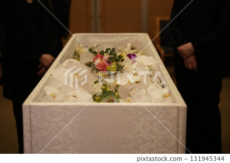 A coffin filled with Phalaenopsis orchids 131945344